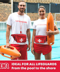 Two lifeguards wearing First Aid Fanny Pack With Whistle, Water Resistant Hip Pack With Three Zippered Compartments For Beach And Pool