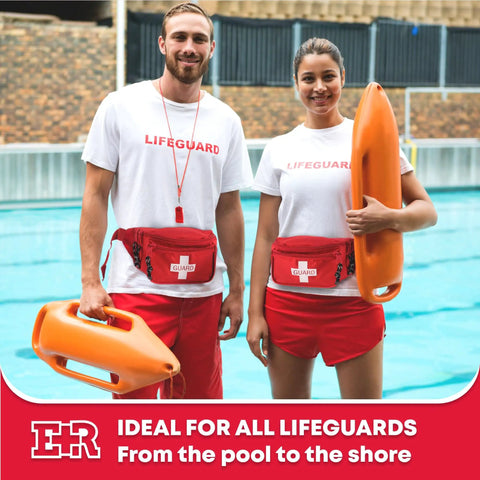 Two lifeguards wearing First Aid Fanny Pack With Whistle, Water Resistant Hip Pack With Three Zippered Compartments For Beach And Pool