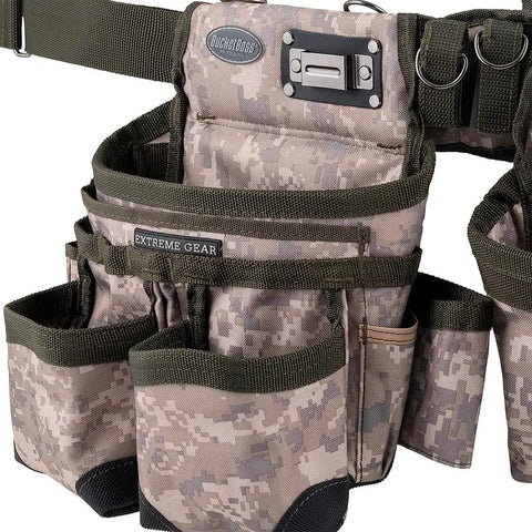 Three Bag Tool Bag Set With Suspenders In Digital Camo, Heavy Duty LoadBear Stretch Suspension, Barrel Bottom Pouches close-up