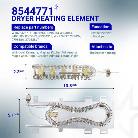 Upgraded Dryer Heating Element Kit With 8544771 Element 3392519 Thermal Fuses And 279973 High Limit Thermostat dimensions shown