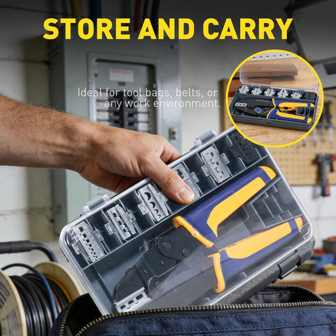 Person storing 7 Piece Beefed-Up Pro Grade Quick Change Crimping Tool Set With Ratcheting Wire Crimper And 7 Die Sets in a toolbox