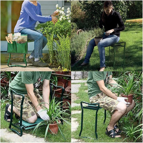Heavy Duty Garden Kneeler And Seat Foldable Bench For Yard Work With Velcro Tool Pouches Converts To Kneeler Or Sit Down Chair Handy Gardener Stool With Tool Pockets For Hand Tools in use, showing people gardening on green grass.