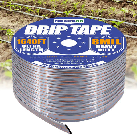 1640 Ft Five Eighth Inch Drip Tape Kit With Six Inch Emitter Spacing, Eight Mil Thick PE Tubing, 0.5 GPH Per Hole, roll on ground