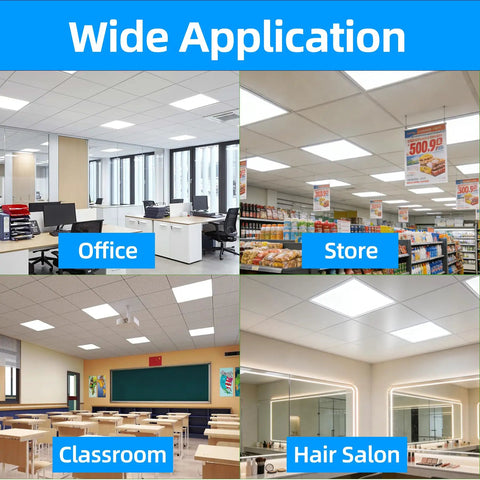 4 Pack 2x2 Ft LED Troffer Flat Panel Light 45W, 5800 Lumens, 5000K White used in office, store, classroom, and hair salon