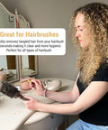 Woman using Vacuum Hair Brush Cleaner Tool For Pet And Human Hair Removal, Easy Peasy Rake Comb on hairbrush