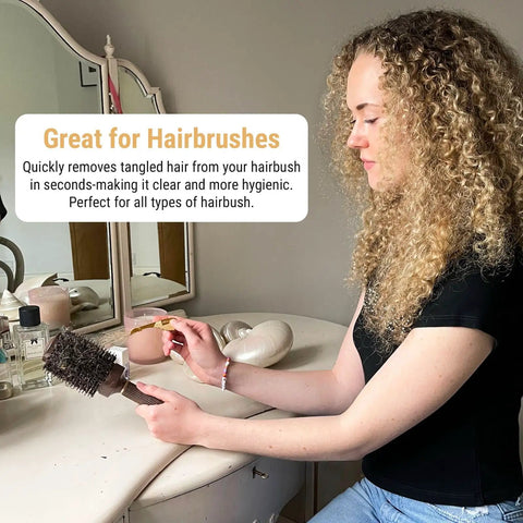 Woman using Vacuum Hair Brush Cleaner Tool For Pet And Human Hair Removal, Easy Peasy Rake Comb on hairbrush