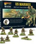 Box and assembled figures of Pacific Theater US Marines Bolt Action 28mm Plastic Miniatures Set Paintable Unpainted Tabletop Figures