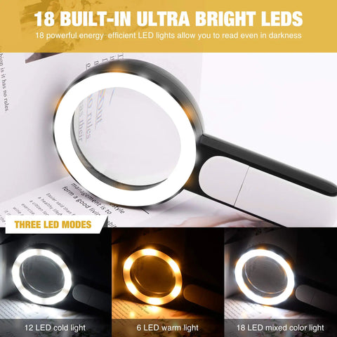 Handheld Magnifying Glass With Light 18 LED Light Three Modes Ultra Bright For Seniors Reading Coins Jewelry And Small Print