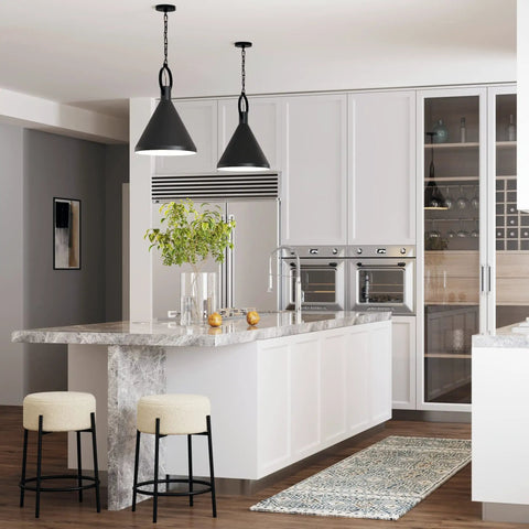 Industrial Pendant Light With Metal Shade And Adjustable Chain In Matte Black For Kitchen Island Or Dining Area Sloped Ceiling Compatible Ideal For Entryway Or Living Spaces above modern kitchen island with marble countertop.