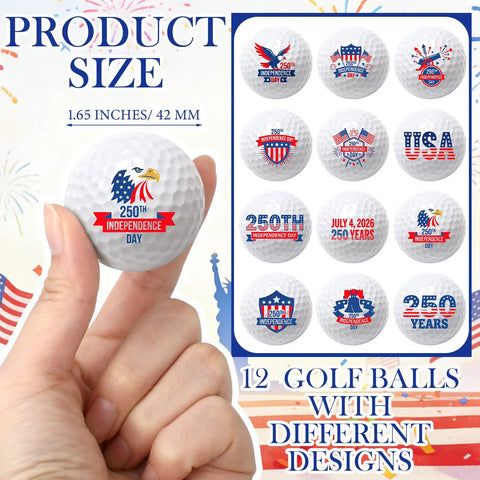 12 Pack Patriotic Golf Balls 250th Independence Day Theme Set For Men And Women with eagle and USA flag designs in hand.