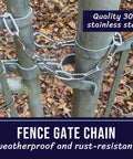 All Weather 304 Stainless Gate Chain With M7 Carabiners 550 Pounds Capacity 20 Inch Long Diameter Five Thirty Second Inch Chain For Outdoor Fence Gate Latch Livestock Black in use on metal fence.