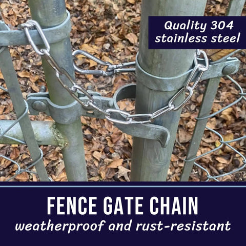 All Weather 304 Stainless Gate Chain With M7 Carabiners 550 Pounds Capacity 20 Inch Long Diameter Five Thirty Second Inch Chain For Outdoor Fence Gate Latch Livestock Black in use on metal fence.