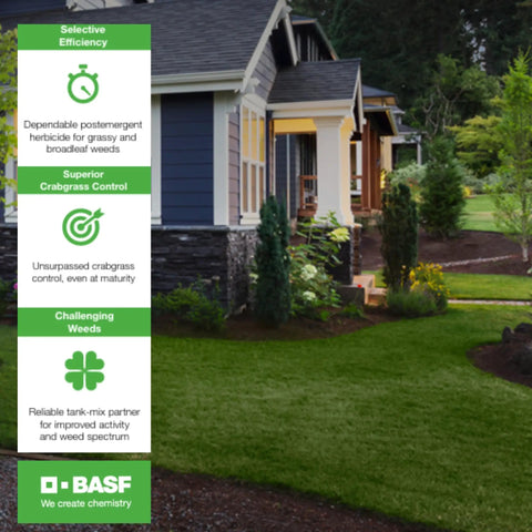 Product features of Drive XLR8 Crabgrass Killer for lawns in residential setting, emphasis on efficiency and control of grassy and broadleaf weeds.
