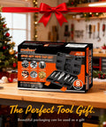 6-Piece NPT Pipe Tap Set In Carbon Steel With Storage Case shown in festive packaging on a workbench, ideal for gifts.