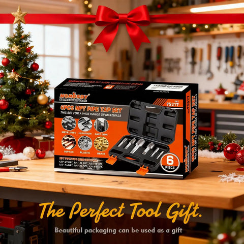 6-Piece NPT Pipe Tap Set In Carbon Steel With Storage Case shown in festive packaging on a workbench, ideal for gifts.