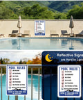 Two Pack Pool Rules Signs Keep It Safe No Diving No Running Swim At Your Own Risk Warning Sign 14 By 10 Inch Reflective Aluminum Weatherproof UV Protected For Pools Water Parks And Beaches Easy To Mount displayed by a pool.