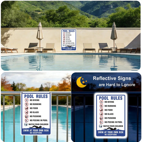 Two Pack Pool Rules Signs Keep It Safe No Diving No Running Swim At Your Own Risk Warning Sign 14 By 10 Inch Reflective Aluminum Weatherproof UV Protected For Pools Water Parks And Beaches Easy To Mount displayed by a pool.