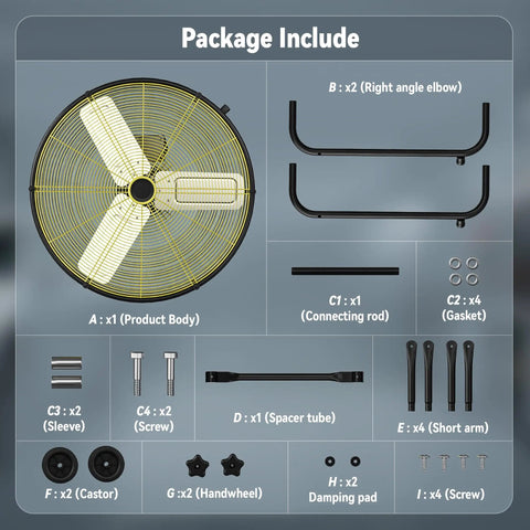 Package contents for Heavy Duty High Velocity Drum Fan Pumping Out Serious Chill for Garage Shop Warehouse and Patio with Badass 8800 CFM Airflow.