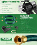 1/10HP Electric Water Transfer Pump With Two 6Ft Garden Hoses For Hassle Free Rain Barrel Draining And Reliable Flood Water Removal At A Steady 330GPH Flow, showing pump specifications and included accessories.