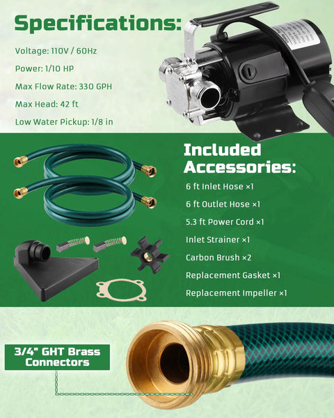 1/10HP Electric Water Transfer Pump With Two 6Ft Garden Hoses For Hassle Free Rain Barrel Draining And Reliable Flood Water Removal At A Steady 330GPH Flow, showing pump specifications and included accessories.