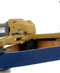 Heavy Duty 110V Variable Speed Pipe Polisher And Grinder with a blue sanding belt and motor for metal finishing.