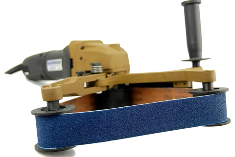 Heavy Duty 110V Variable Speed Pipe Polisher And Grinder with a blue sanding belt and motor for metal finishing.