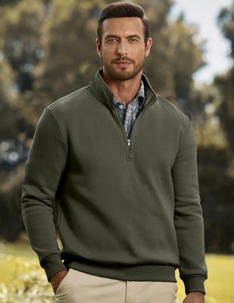 Mens Quarter Zip Fleece Pullover Mock Neck Sweatshirt Regular Fit Long Sleeve Outdoor Knit Top In Moss Green Cozy Warmth