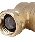 Close-up of brass RV water pressure regulator inlet with metal mesh screen and 3/4-inch threaded connection