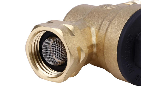 Close-up of brass RV water pressure regulator inlet with metal mesh screen and 3/4-inch threaded connection