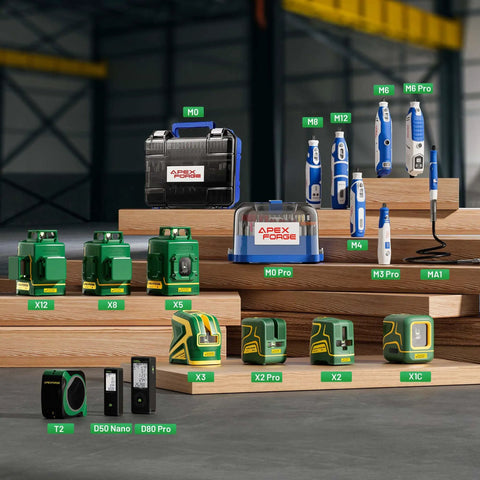 Display of various power tools and cases arranged on wooden steps in a workshop setting, including laser levels and rotary tools.