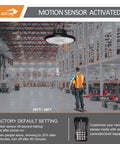 Heavy Duty Led High Bay Lights With Motion Sensor 8 Pack Adjustable Wattage Plug And Play Design Zero Ten V Dimming Smart Hue Tuning Knockout Brightness For Warehouses in industrial setting with motion sensor.