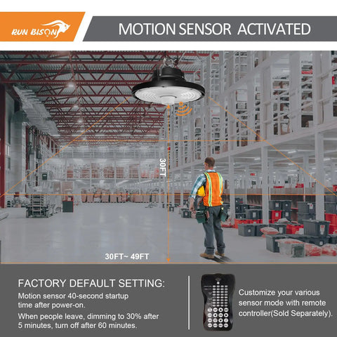 Heavy Duty Led High Bay Lights With Motion Sensor 8 Pack Adjustable Wattage Plug And Play Design Zero Ten V Dimming Smart Hue Tuning Knockout Brightness For Warehouses in industrial setting with motion sensor.