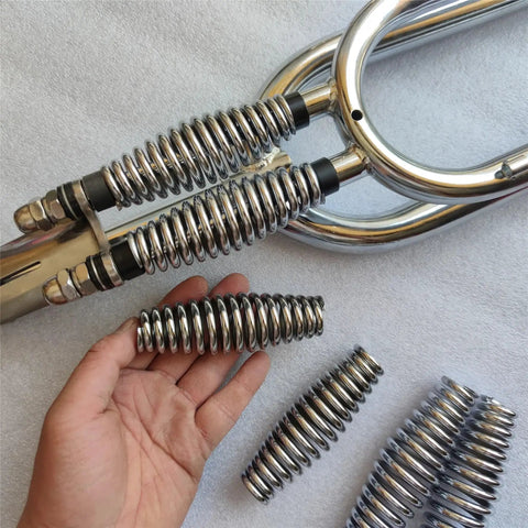Premium Heavy Duty Bicycle Front Fork Springs 2 Piece 5mm Thick Compression Coil Shock Absorbers Lowrider Custom Builds displayed with hand.