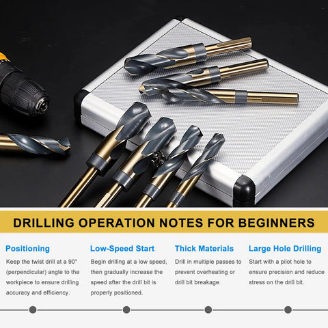 Premium 8-Pack Reduced Shank Drill Bit Set From 9/16 To 1 Inch Featuring High-Speed Steel Construction With Gold Finish And Split Point Tips For Drilling Metal Wood And Steel Like A Boss. HSS reduced shank drill bits on case with drilling tips