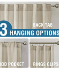 Three hanging options for natural linen curtains 108 inch long, 2 panels, back tab loop, rod pocket, and rings clips.