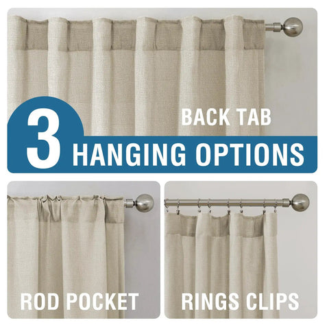 Three hanging options for natural linen curtains 108 inch long, 2 panels, back tab loop, rod pocket, and rings clips.