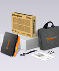 Ultra Portable 100W Solar Panel Foldable To Laptop Size with accessories and packaging, showcasing portability and design.