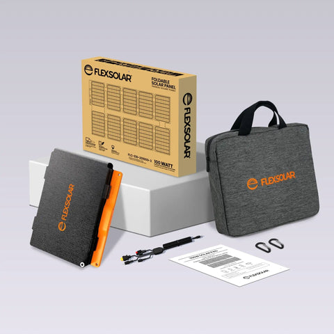Ultra Portable 100W Solar Panel Foldable To Laptop Size with accessories and packaging, showcasing portability and design.