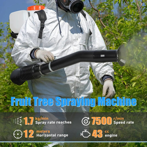 Person using Gas Powered Backpack Fogger With 43cc Engine 20L Mosquito Control Sprayer 12m Spray Range Pro Grade Agricultural Backpack Sprayer For Farm Orchard Or Large Yard Orange in orchard