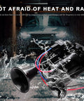Dead Loud 12V Dual Trumpet Air Horn Kit With Compressor Fits Cars Trucks And Boats Dropping An Insane 120 Decibel Blast For Heavy Duty Warning Calls Keeping Drivers Safe Wherever You Roll Black, shown with rain effect.