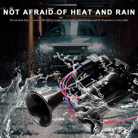 Dead Loud 12V Dual Trumpet Air Horn Kit With Compressor Fits Cars Trucks And Boats Dropping An Insane 120 Decibel Blast For Heavy Duty Warning Calls Keeping Drivers Safe Wherever You Roll Black, shown with rain effect.