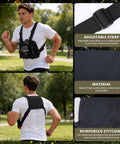 Man wearing Work Ready Radio Chest Harness For Walkie Talkies, Adjustable Nylon Chest Rig With Pouch in park