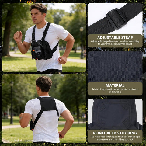 Man wearing Work Ready Radio Chest Harness For Walkie Talkies, Adjustable Nylon Chest Rig With Pouch in park