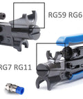 Close-up of coax cable crimping and stripping tool with labeled sections for RG59, RG6, RG7, RG11 cables and F-head connector