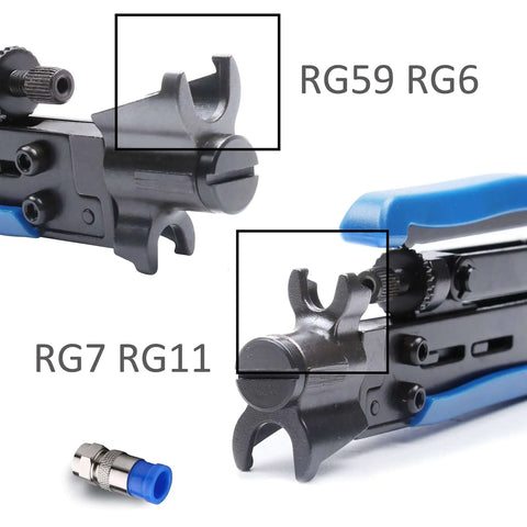 Close-up of coax cable crimping and stripping tool with labeled sections for RG59, RG6, RG7, RG11 cables and F-head connector