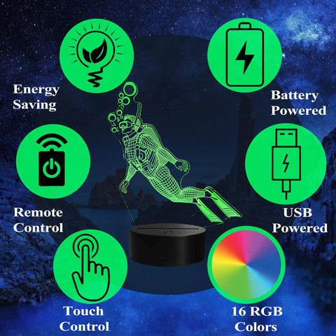 Scuba Night Light 3D Illusion Lamp With Remote 16 RGB Colors 4 Flash Modes Dimmable And Timer Totally Awesome Diving Gear Decor
