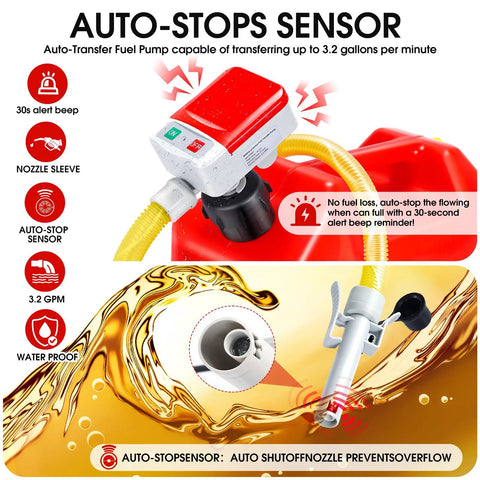 Gas Transfer Pump With Auto Stop Sensor And 30 Second Beep, 3.2 GPM Quick Fuel Transfer, Overfill Protection, 51 Inch Hose