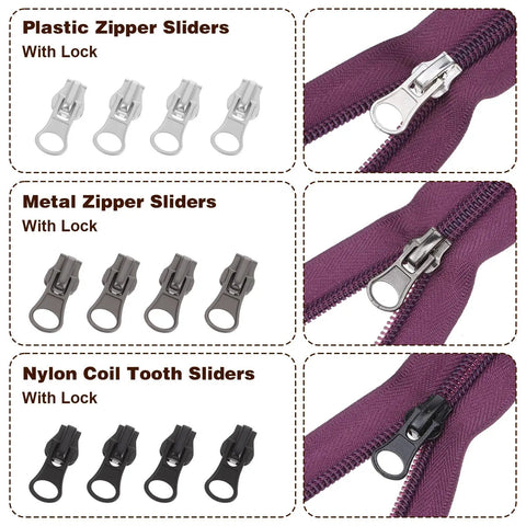 Universal Zipper Repair Kit With 48 Pieces For Jackets Jeans Bags Luggage DIY Fix Includes Automatic Lock Sliders And Stops