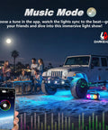 Jeep on beach illuminated by 8 Pods RGB LED Rock Lights Kit for Jeep, Trucks, ATV, UTV, RZR, SUV and Golf Carts, Multicolor Underglow.
