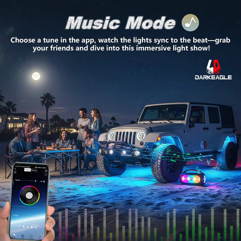 Jeep on beach illuminated by 8 Pods RGB LED Rock Lights Kit for Jeep, Trucks, ATV, UTV, RZR, SUV and Golf Carts, Multicolor Underglow.
